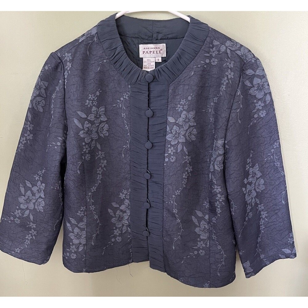 Adrianna Papell Blue Floral Brocade Jacket Mandarin Collar Button Front Size 8